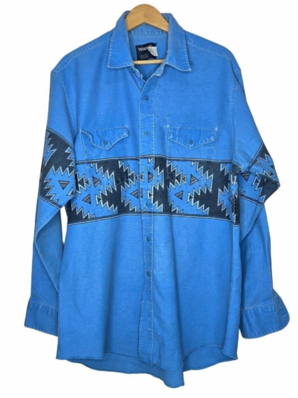 Vtg Wrangler USA Blue Aztec Long Sleeve Casual Button Down Shirt Neck 17.5 - 35